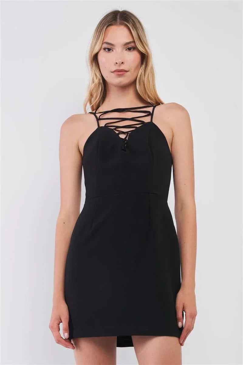 Black Slim Fit Sleeveless V-neck Front Corset Inspired Tie-up Detail Cocktail Mini Dress | Mixtshop LLC Main image