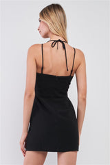 Black Slim Fit Sleeveless V-neck Front Corset Inspired Tie-up Detail Cocktail Mini Dress | Mixtshop LLC
