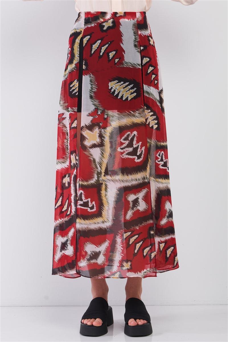 Red & Multi Vintage Graphic Print High-waisted Two Front Slits Maxi Skirt | Mixtshop LLC Main image