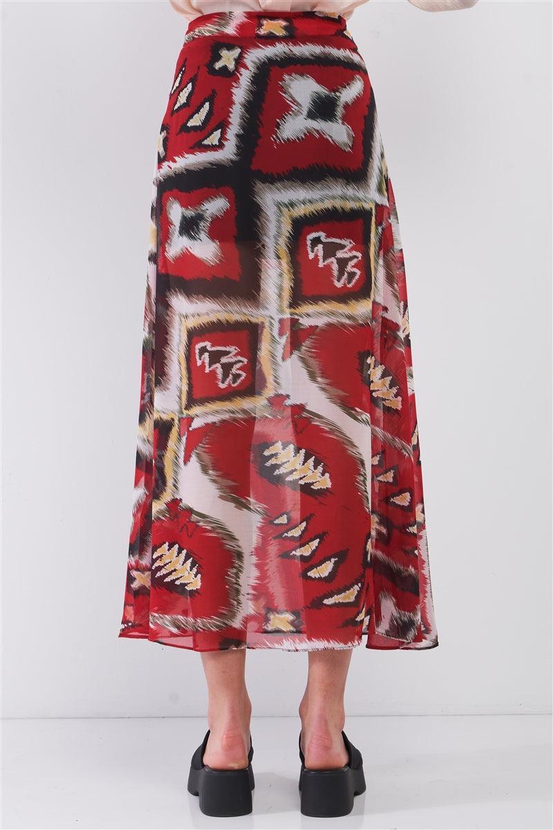 Red & Multi Vintage Graphic Print High-waisted Two Front Slits Maxi Skirt | Mixtshop LLC
