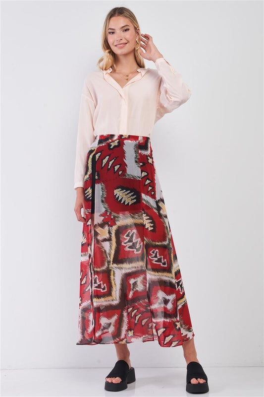 Red & Multi Vintage Graphic Print High-waisted Two Front Slits Maxi Skirt | Mixtshop LLC