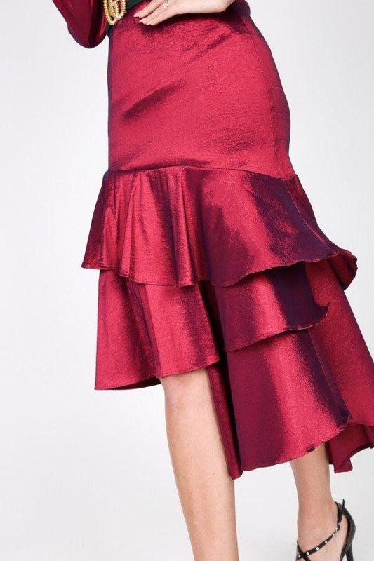 Asymmetrical Ruffle Bottom Satin Skirt | Mixtshop LLC