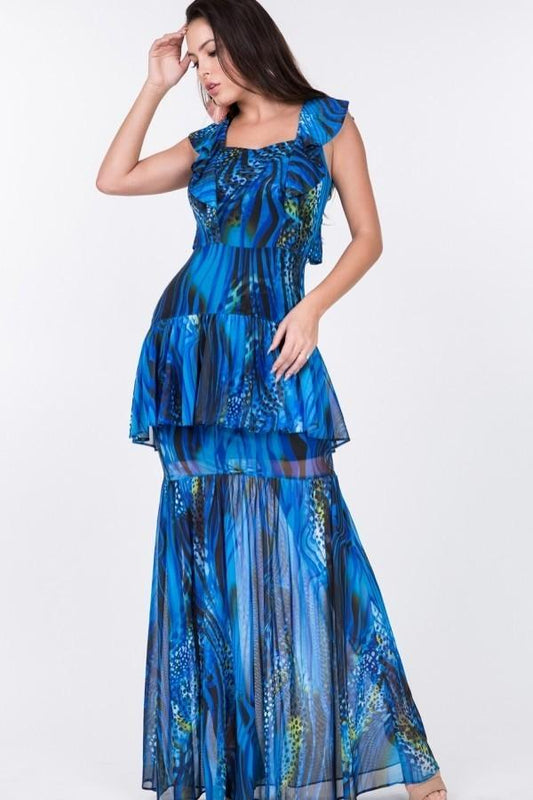 Ruffle Sleeve Tiered Bottom Print Long Dress | Mixtshop LLC