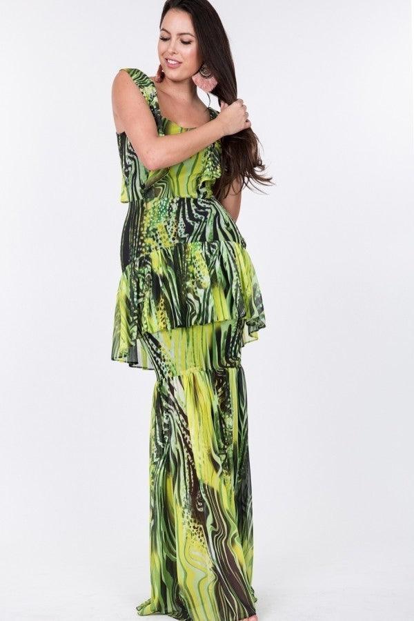 Ruffle Sleeve Tiered Bottom Print Long Dress | Mixtshop LLC Main image