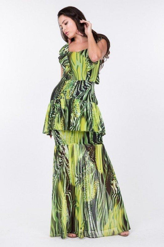 Ruffle Sleeve Tiered Bottom Print Long Dress | Mixtshop LLC