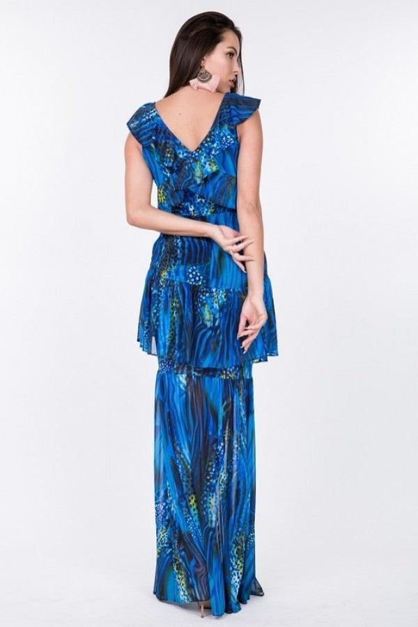 Ruffle Sleeve Tiered Bottom Print Long Dress | Mixtshop LLC