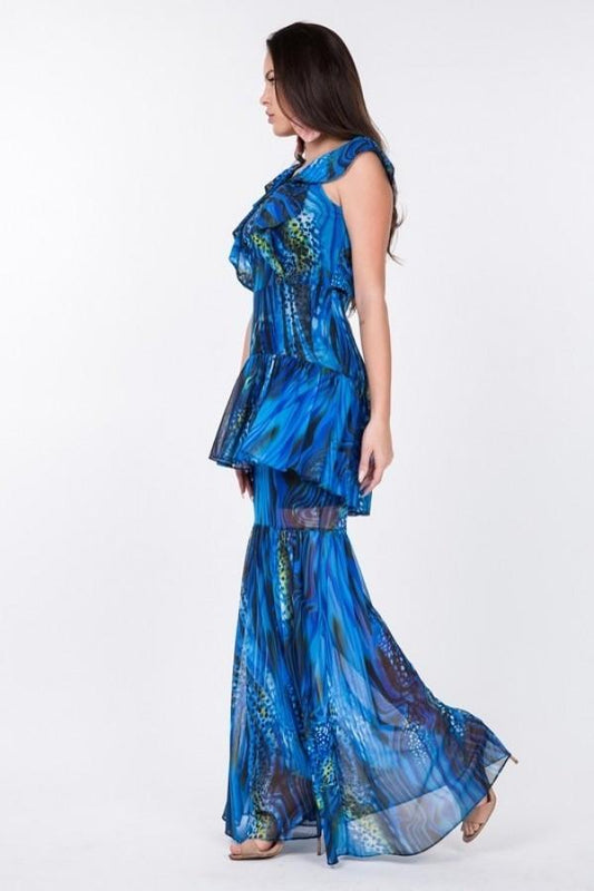 Ruffle Sleeve Tiered Bottom Print Long Dress | Mixtshop LLC