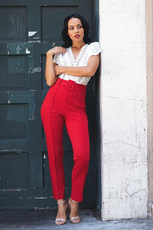 Ankle Tapered Self-fabric Buckle Belt Pants | Mixtshop LLC