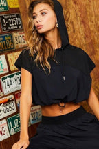 Hoodie Waist Adjustable Contrast Mesh Crop Top | Mixtshop LLC