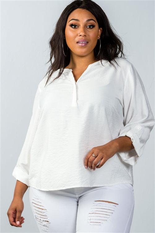 Plus Size Oatmeal Stand-up Collar Roll Tab Sleeve Blouse | Mixtshop LLC Main image