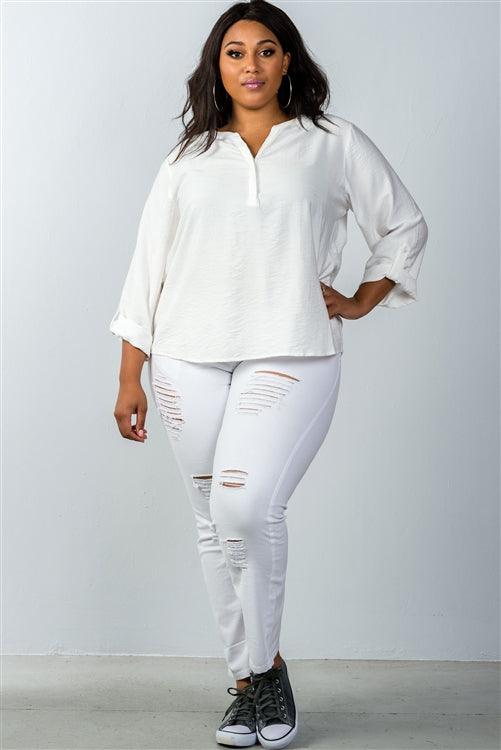 Plus Size Oatmeal Stand-up Collar Roll Tab Sleeve Blouse | Mixtshop LLC