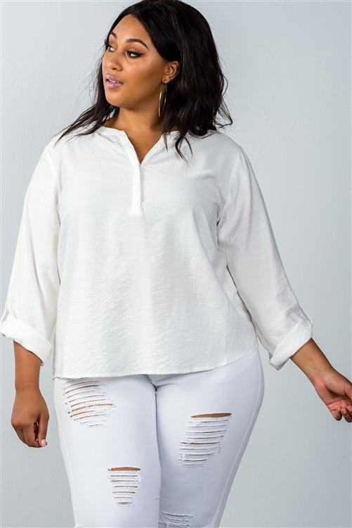 Plus Size Oatmeal Stand-up Collar Roll Tab Sleeve Blouse | Mixtshop LLC