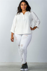 Plus Size Oatmeal Stand-up Collar Roll Tab Sleeve Blouse | Mixtshop LLC
