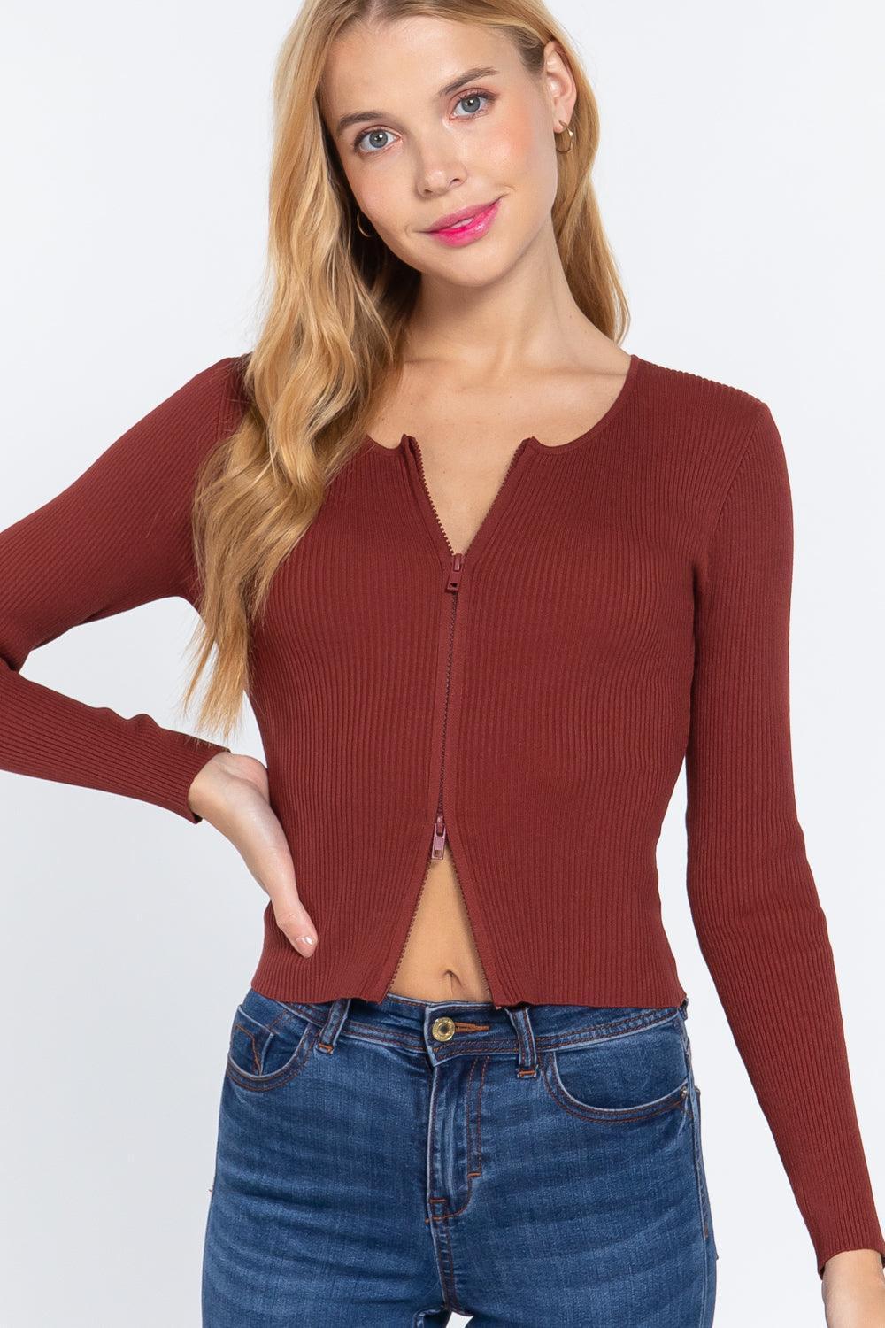 Rib Sweater Top W/front Zipper | Mixtshop LLC Main image