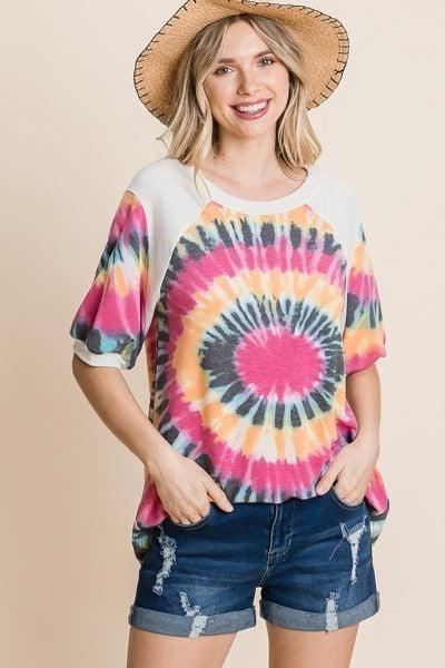 French Terry Tie Dye Printed Casual Mini Bubble Sleeves Tunic Top | Mixtshop LLC Main image