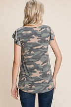 Army Camo Printed Cut Out Neckline Short Flutter Sleeves Casual Basic Top | Mixtshop LLC