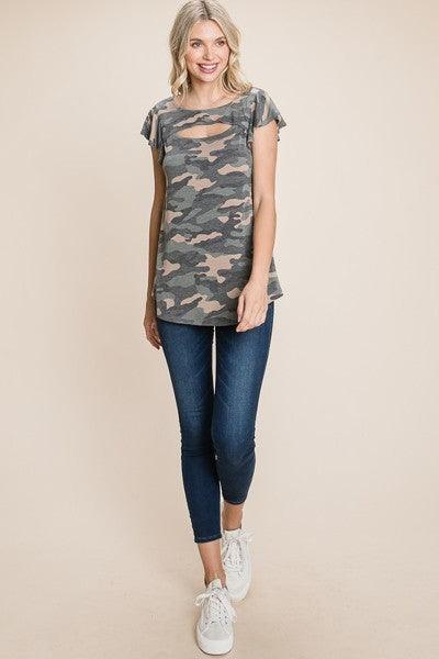 Army Camo Printed Cut Out Neckline Short Flutter Sleeves Casual Basic Top | Mixtshop LLC