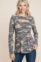 Army Camo Printed Cut Out Neckline Long Sleeves Casual Basic Top | Mixtshop LLC
