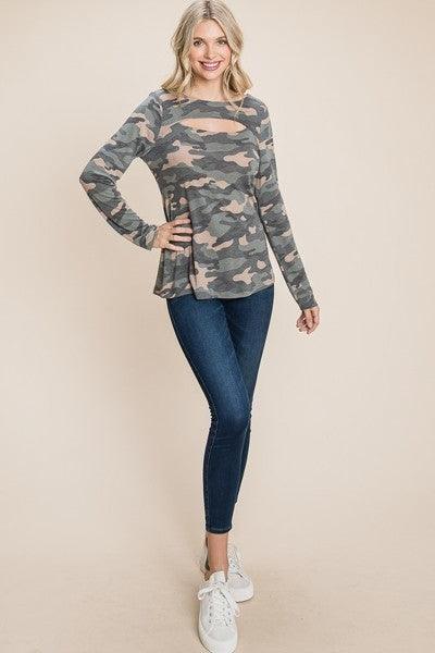Army Camo Printed Cut Out Neckline Long Sleeves Casual Basic Top Secondary image