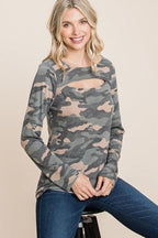 Army Camo Printed Cut Out Neckline Long Sleeves Casual Basic Top | Mixtshop LLC