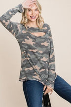 Army Camo Printed Cut Out Neckline Long Sleeves Casual Basic Top | Mixtshop LLC