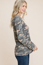 Army Camo Printed Cut Out Neckline Long Sleeves Casual Basic Top | Mixtshop LLC