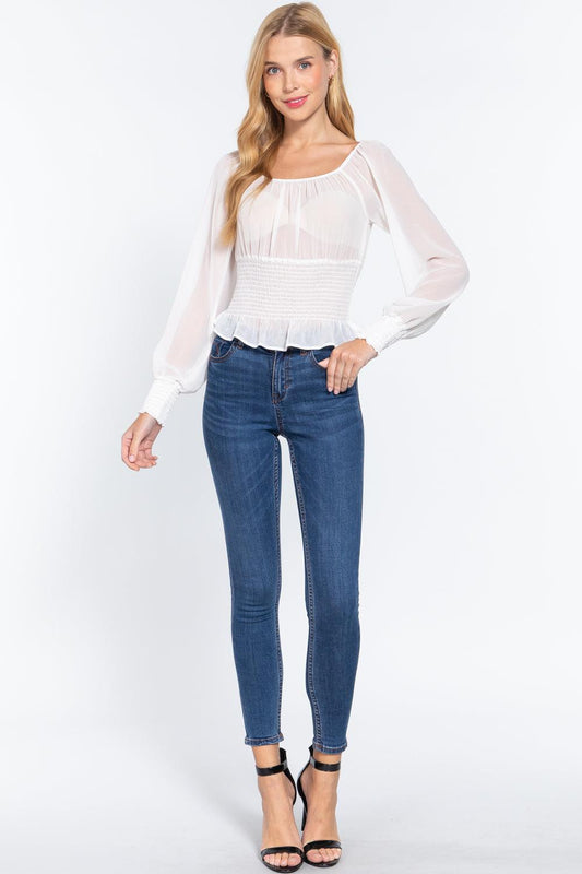 Long Slv Smocked Chiffon Top | Mixtshop LLC