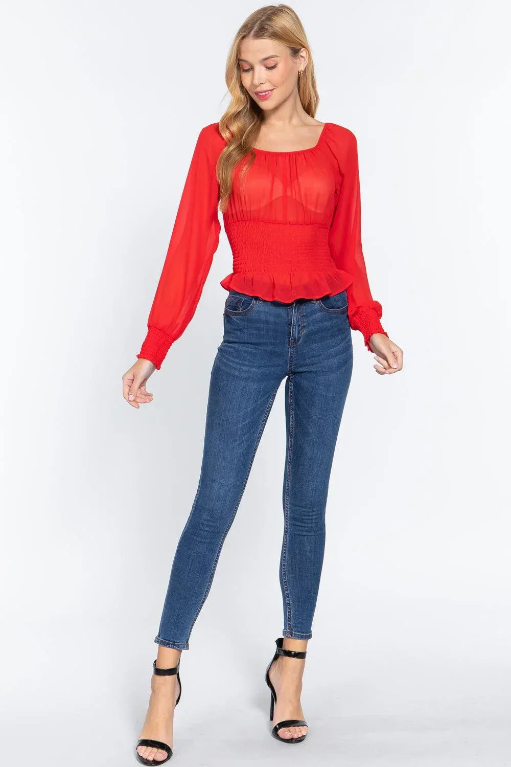Long Slv Smocked Chiffon Top Secondary image