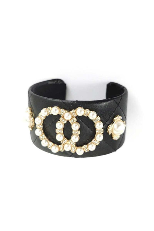 Fashion Pearl Double Round Studded Faux Leather Cuff Bracelet | Mixtshop LLC