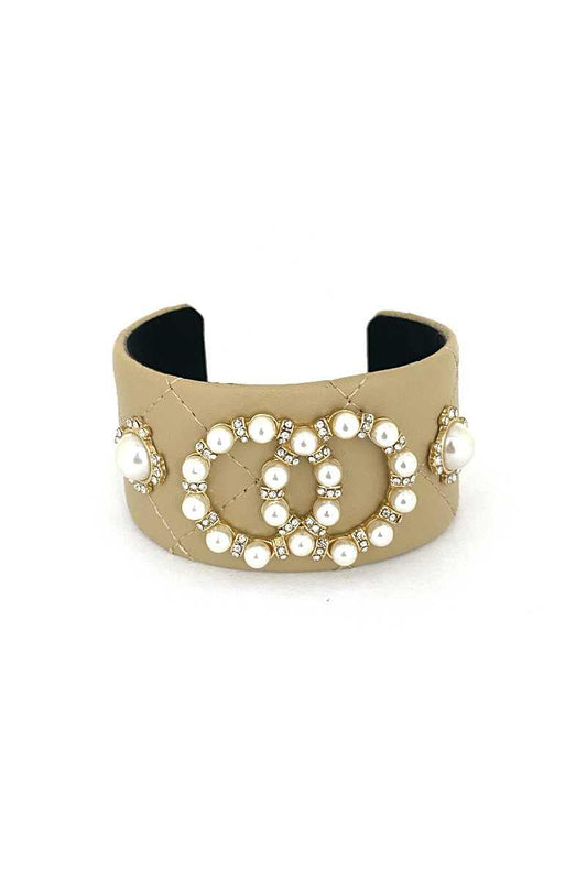 Fashion Pearl Double Round Studded Faux Leather Cuff Bracelet | Mixtshop LLC