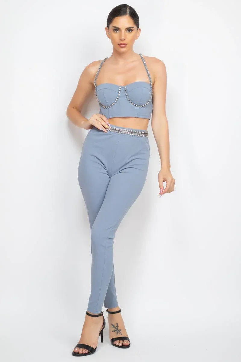 Stone Embellished Top And Pants Set | Mixtshop LLC Main image