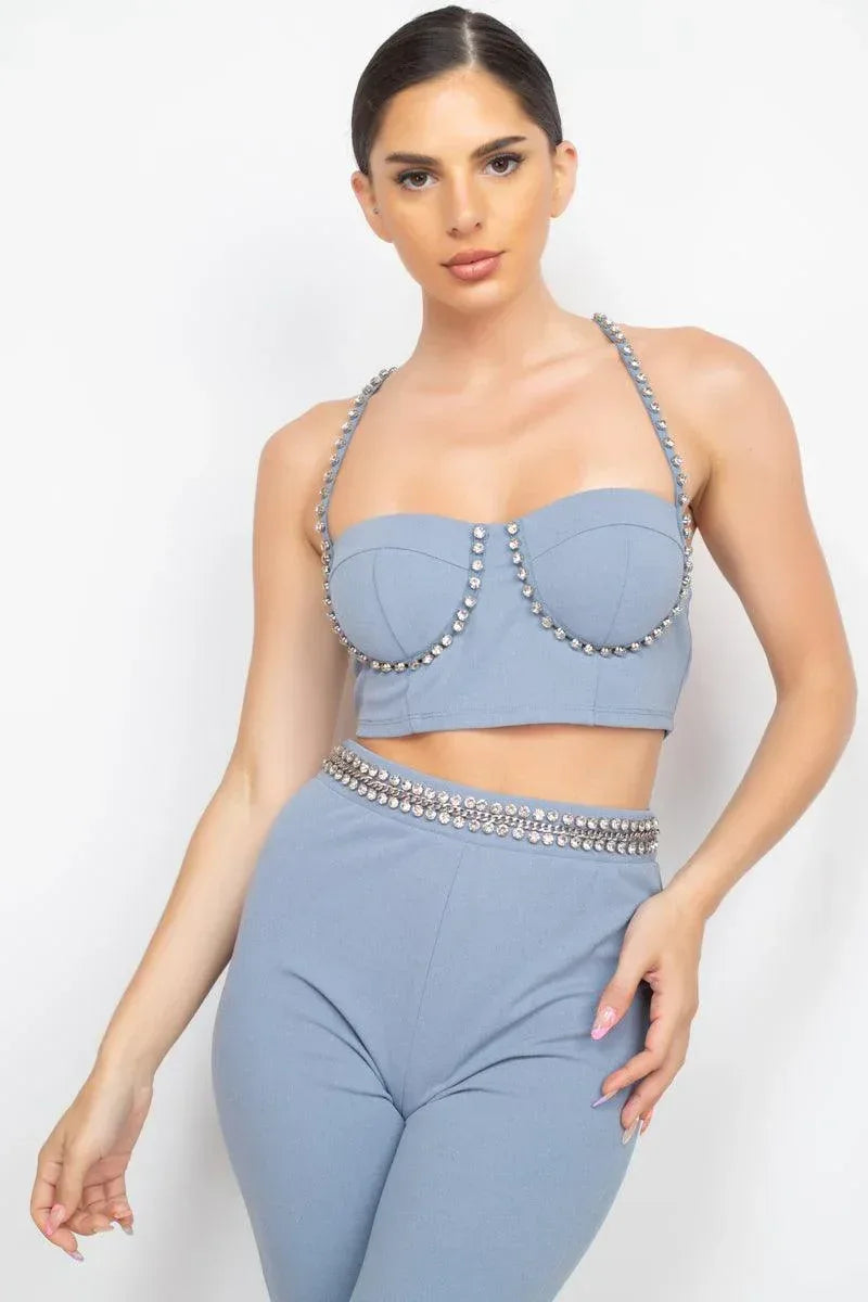 Stone Embellished Top And Pants Set | Mixtshop LLC