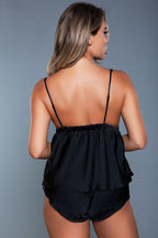 2 Pc Satin Cami Set With Plunging Neckline Top And Elasticated Mini Shorts | Mixtshop LLC