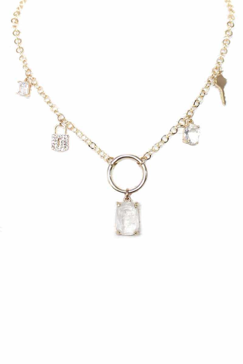 Metal Chain Crystal Stone Lock And Key Dangle Necklace | Mixtshop LLC Main image