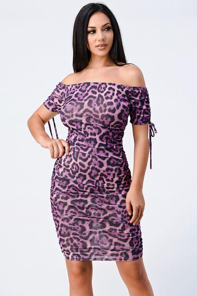Leopard Print Off Shoulder Shirring Bodycon Dress | Mixtshop LLC Main image