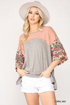 Colorblock Knit And Floral Print Mixed Top With Dolman Sleeve | Mixtshop LLC