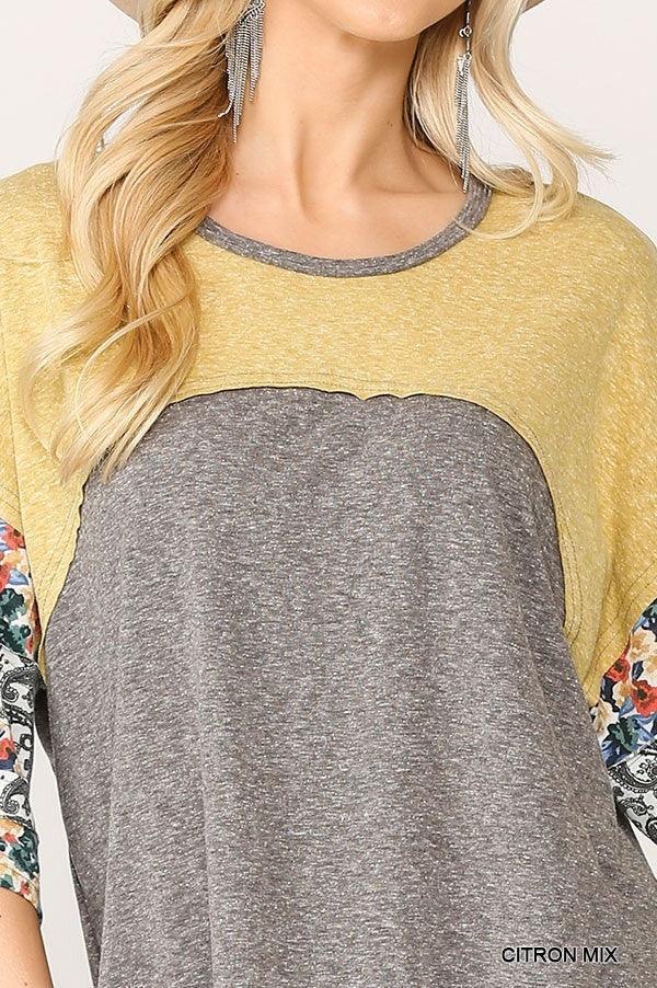Colorblock Knit And Floral Print Mixed Top With Dolman Sleeve | Mixtshop LLC