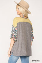 Colorblock Knit And Floral Print Mixed Top With Dolman Sleeve | Mixtshop LLC