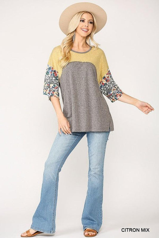 Colorblock Knit And Floral Print Mixed Top With Dolman Sleeve | Mixtshop LLC