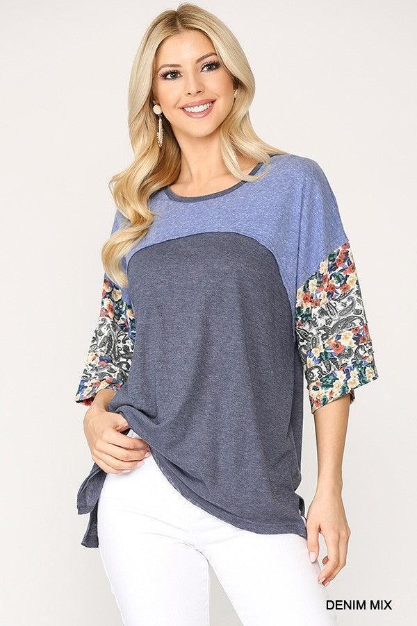 Colorblock Knit And Floral Print Mixed Top With Dolman Sleeve | Mixtshop LLC Main image
