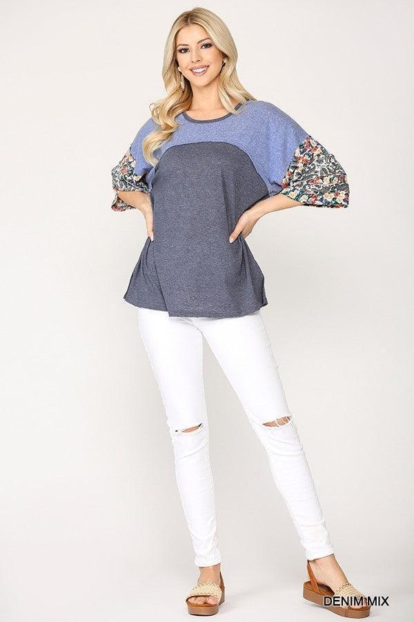 Colorblock Knit And Floral Print Mixed Top With Dolman Sleeve Secondary image