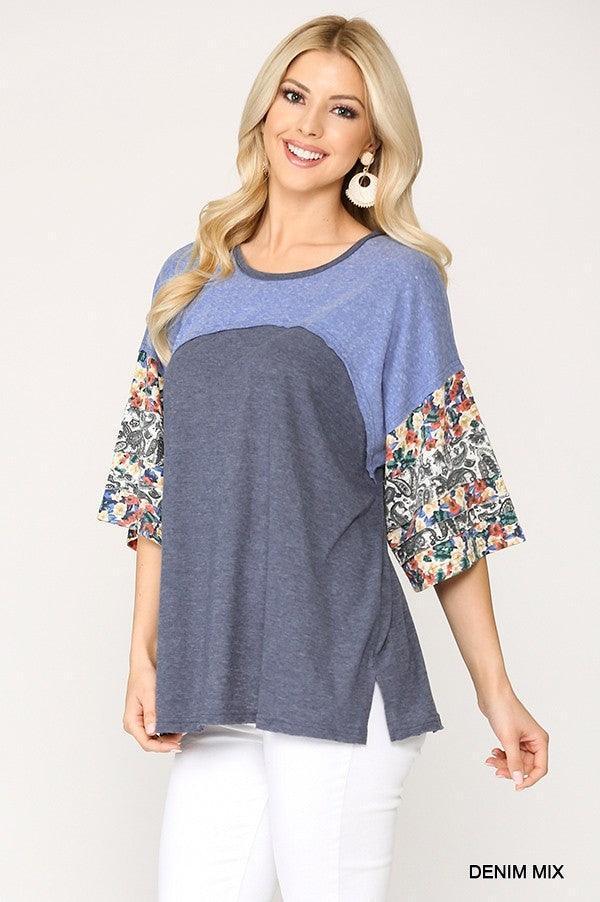 Colorblock Knit And Floral Print Mixed Top With Dolman Sleeve | Mixtshop LLC