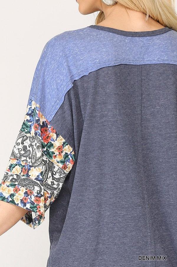 Colorblock Knit And Floral Print Mixed Top With Dolman Sleeve | Mixtshop LLC