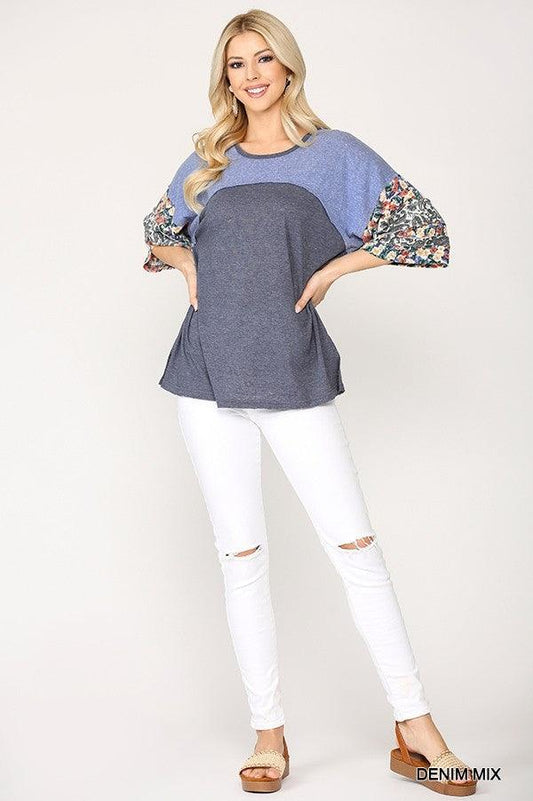 Colorblock Knit And Floral Print Mixed Top With Dolman Sleeve | Mixtshop LLC