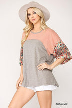 Colorblock Knit And Floral Print Mixed Top With Dolman Sleeve | Mixtshop LLC