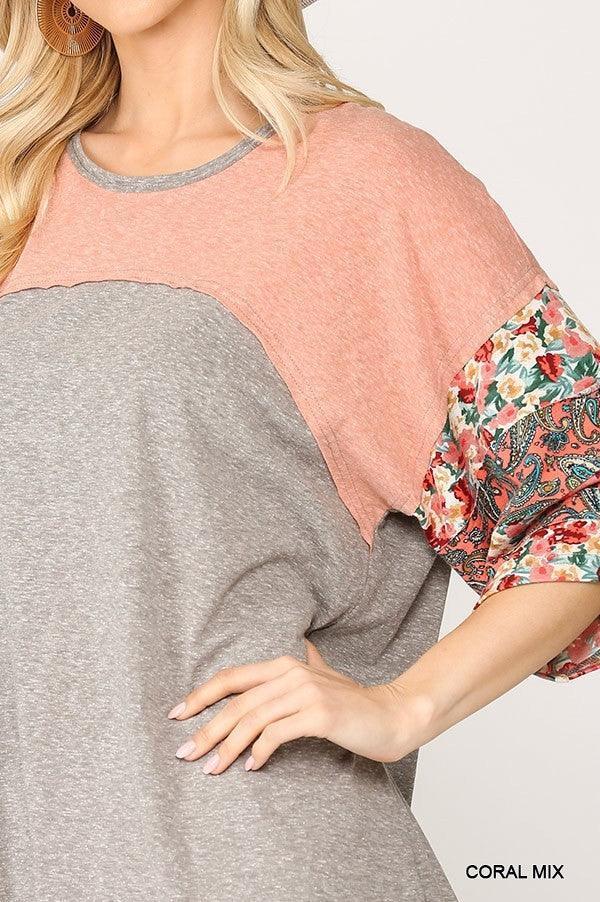 Colorblock Knit And Floral Print Mixed Top With Dolman Sleeve | Mixtshop LLC