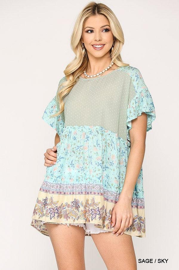 Dot And Floral Print Mixed Ruffle Top With Back Keyhole | Mixtshop LLC Main image