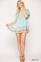 Dot And Floral Print Mixed Ruffle Top With Back Keyhole | Mixtshop LLC