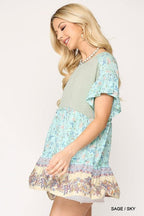 Dot And Floral Print Mixed Ruffle Top With Back Keyhole | Mixtshop LLC
