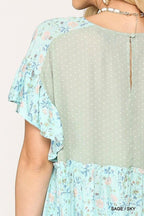 Dot And Floral Print Mixed Ruffle Top With Back Keyhole | Mixtshop LLC